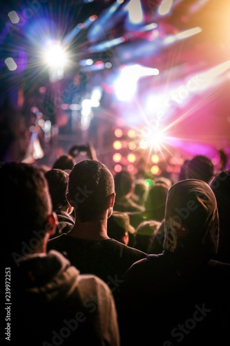 public concert musique spot lumière écouter techno rock foule dos fan groupe reflet scène musicale
