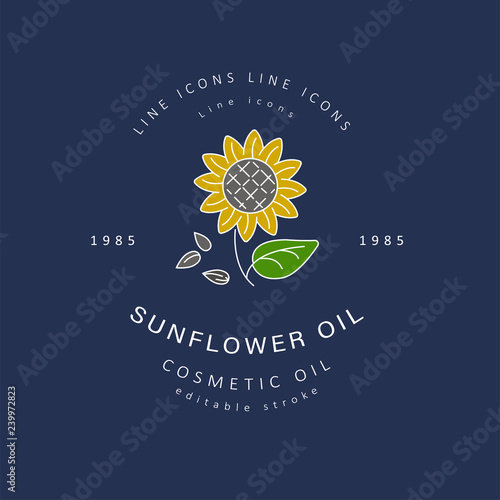 Vector icon and logo for natural cosmetics oil care dry skin. Editable outline stroke size. Line flat contour, thin and linear design. Simple icons. Concept illustration. Sign, symbol, element.