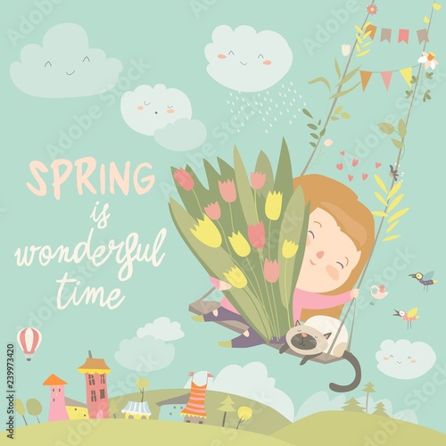 Girl sitting on swing with spring flowers