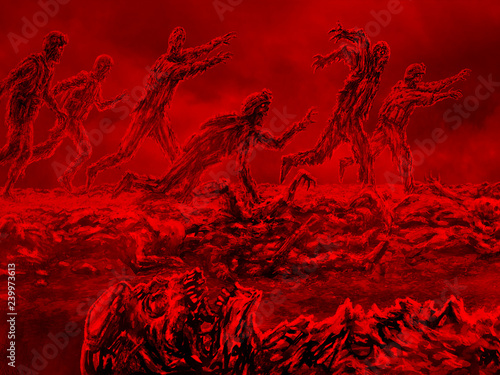 Canvastavla Attack zombie army on battlefield. Scary red background.