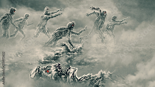 Fotografi Attack zombie army on battlefield. Scary background with fog.