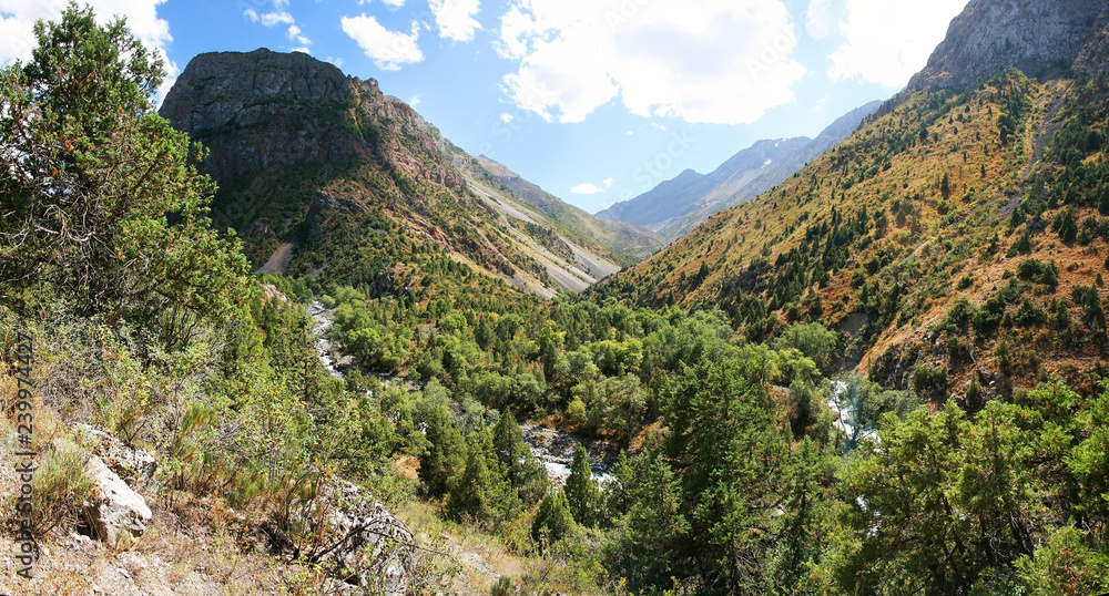 Panorama of the mountain gorge in variable perishiness