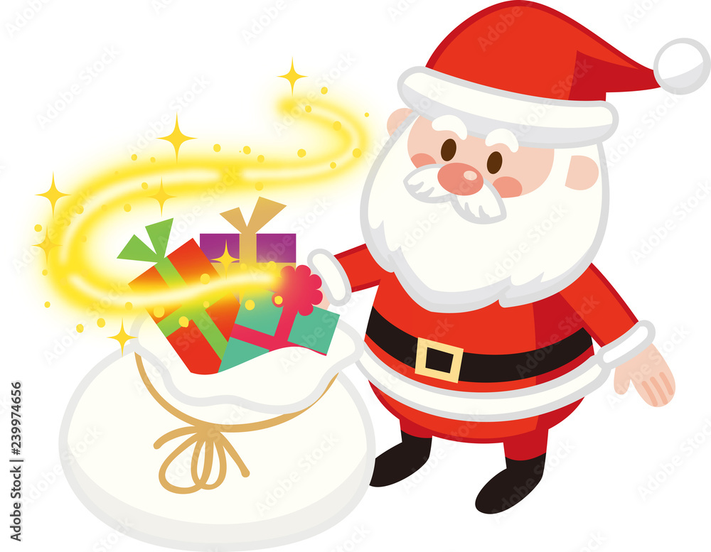 キラキラ光るサンタバッグと可愛いサンタクロース クリスマスプレゼント ベクターイラスト素材 Stock Vector Adobe Stock