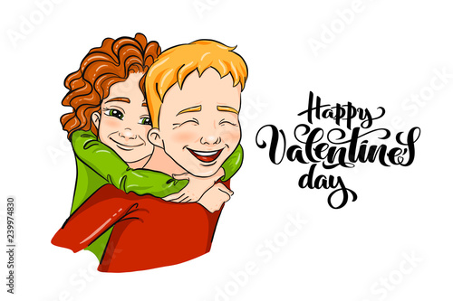 Vector romantic illustration - girl and boy piggybacking and hugging - for love confession, Valentine's day greeting card, holiday poster, banner, logo. Couple of young people, family, playing kids