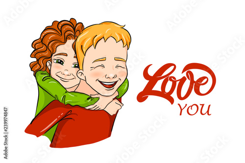 Vector romantic illustration - girl and boy piggybacking and hugging - for love confession, Valentine's day greeting card, holiday poster, banner, logo. Couple of young people, family, playing kids