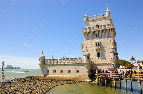 Belem tower and tourists waiting in line. Lisbon  Portugal.