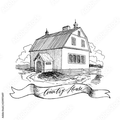 Rural landscape with old farmhouse and garden. Hand drawn illustration in vintage style. Large residential barn with a wooden fence. Retro tape with an inscription Country house. Vector design