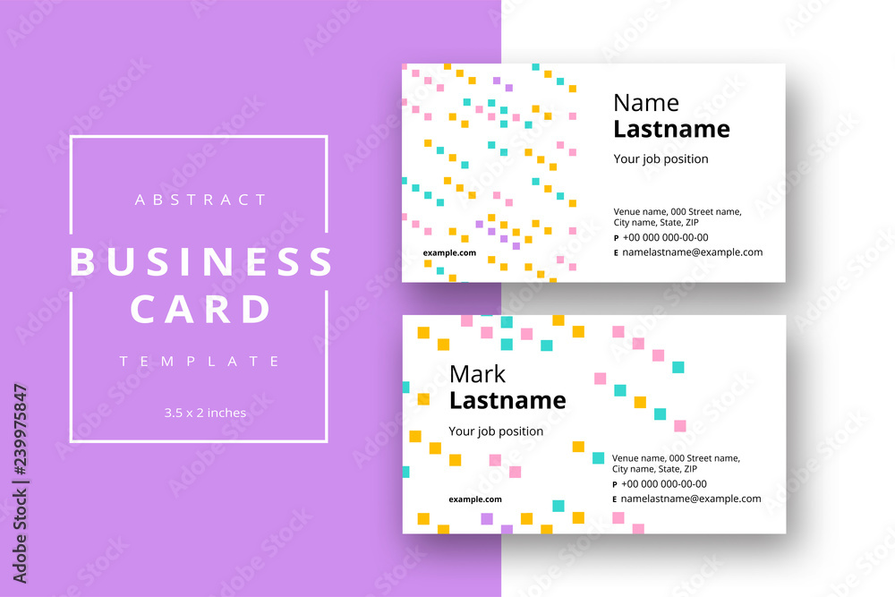 Trendy minimal abstract business card template. Modern corporate stationery id layout with geometric pattern. Vector fashion background design with information sample name text. Trendy minimal abstract business card template. Modern corporate stationery id layout with geometric pattern. Vector fashion background design with information sample name text.