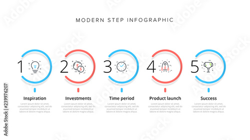 Business process chart infographics with 5 step circles. Circular corporate workflow graphic elements. Company flowchart presentation slide template. Vector info graphic design.
