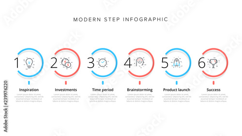Business process chart infographics with 6 step circles. Circular corporate workflow graphic elements. Company flowchart presentation slide template. Vector info graphic design.