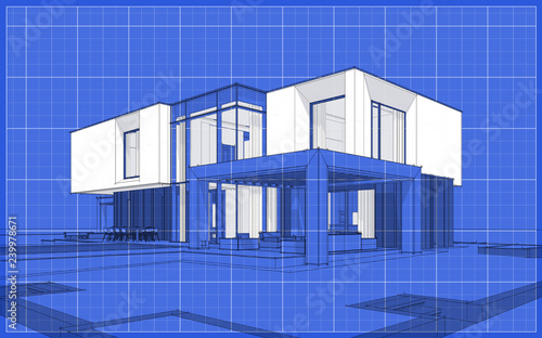 3d rendering sketch of modern cozy house in garden with garage for sale or rent. Graphics black line sketch with white spot on blueprint background