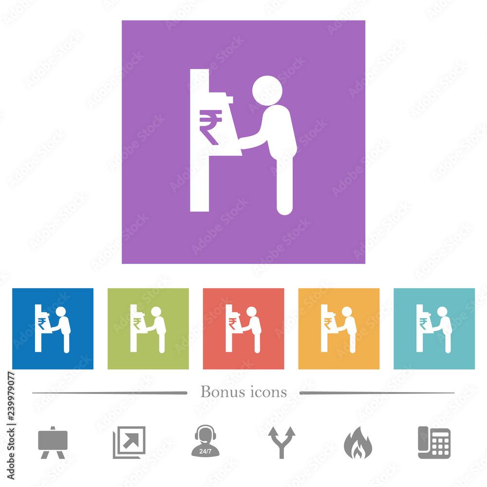 Rupee cash machine flat white icons in square backgrounds Rupee cash machine flat white icons in square backgrounds