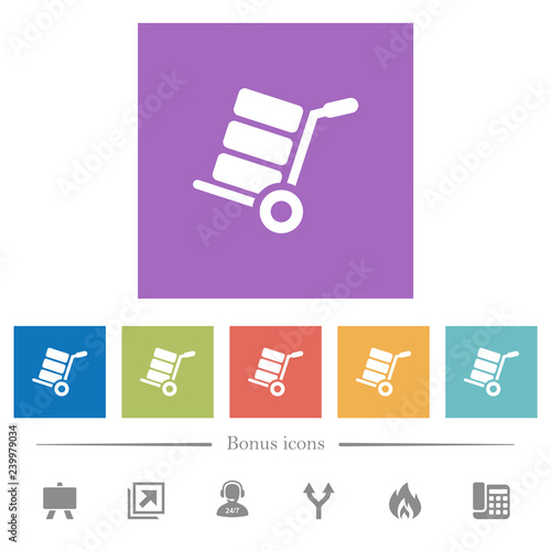 Hand truck with boxes flat white icons in square backgrounds photo