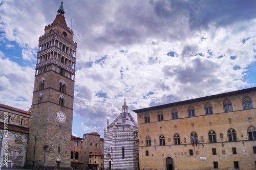 Court Palace, Bell tower of the Cathetdral of San Zeno and Baptistery of Pistoia, Tuscany, Italy photo