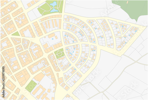 fictitious cadastral map of an area with buildings and streets.