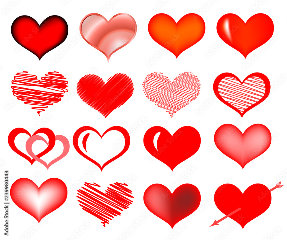Set of vector hearts. Hand drawn vector illustration. Red scribble hearts isolated on white.