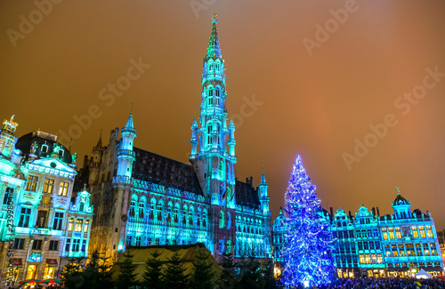 Christmas lights show on the Grand Place with a huge Christmas tree in BRUSSELS, BELGIUM. 16-12-2018