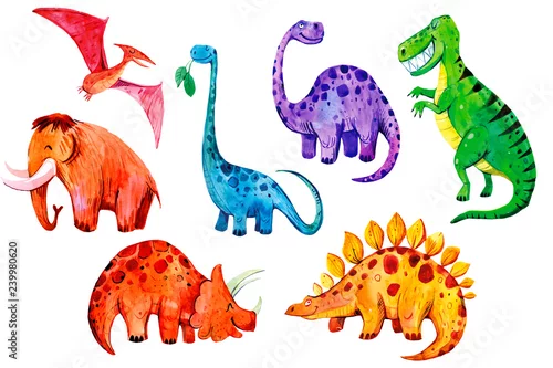 Naklejka na ścianę Zestaw kreskówka akwarela dinozaurów. Ręcznie rysowane ilustracji. Idealny do tekstyliów i drukowania dla dzieci.