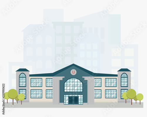 University building with city skyline on background. Modern architecture. Facade with big windows. Vector design