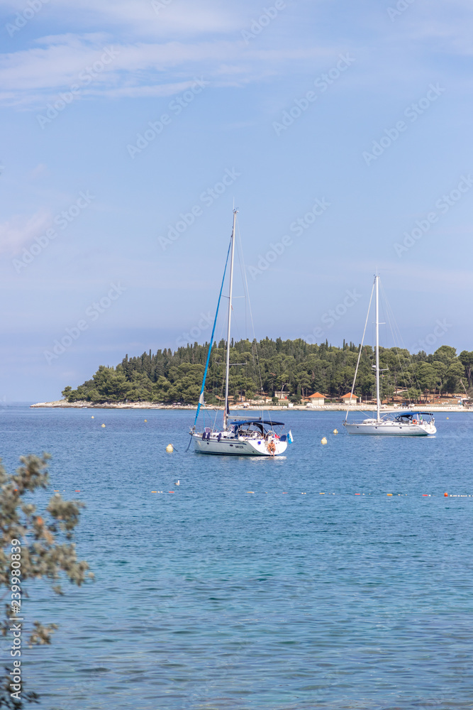 Sail boats and clear blue water in a Croatian bay, golden cape Sail boats and clear blue water in a Croatian bay, golden cape