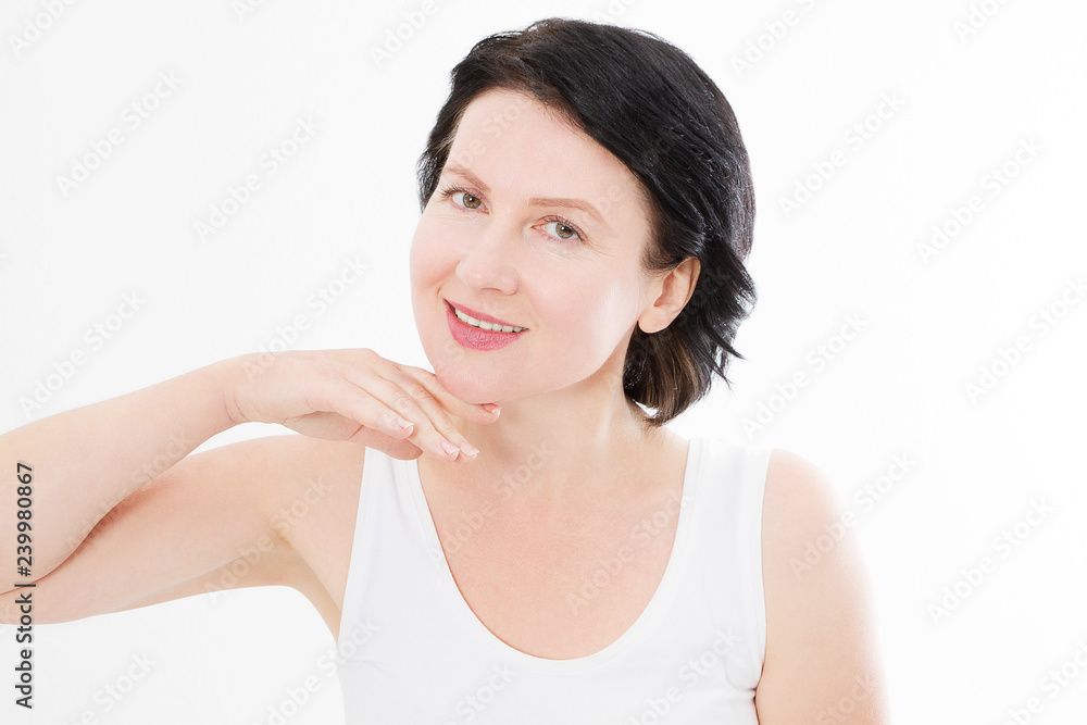 Beauty middle age woman face portrait. Spa and anti aging concept Isolated on white background. Plastic surgery and collagen face injections. Wrinkles and menopause. Mock up. Copy space Beauty middle age woman face portrait. Spa and anti aging concept Isolated on white background. Plastic surgery and collagen face injections. Wrinkles and menopause. Mock up. Copy space