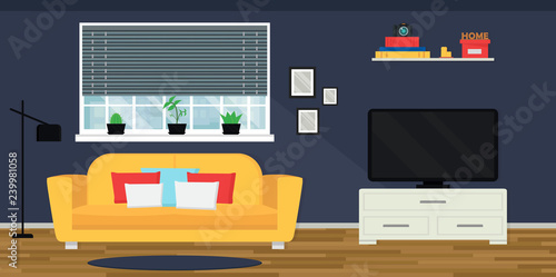 Cozy living room interior with sofa and TV. Window with cityscape view. Modern apartment. Flat style vector design
