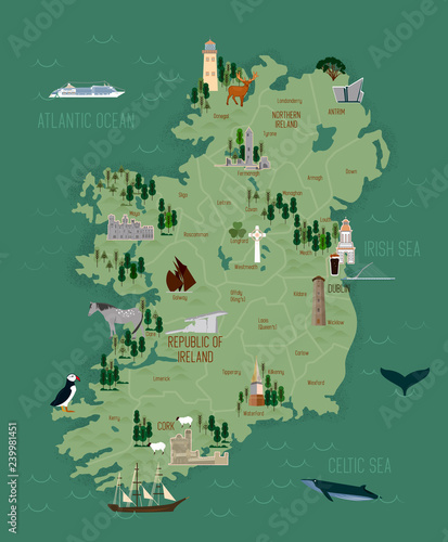 Vector illustration of Ireland map with landmarks, destinations and cities, road map. Ireland culture set, famous architectures and specialties. Business and tourism concept clipart, icons.