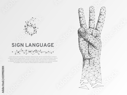 Origami style Sign language number six gesture, hand with three fingers pointing up. Polygonal low poly. Deaf People silent communication alphabet. Connection wireframe. Vector 6 on white background
