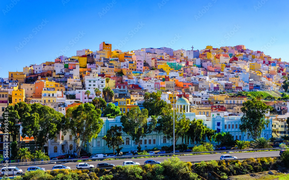 Gran Canaria many colorful houses in Ciudad alta, Las Palmas. Sunny view of  the picturesque old town. Stock Photo | Adobe Stock