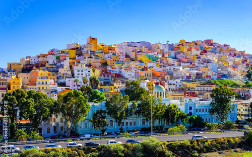 Gran Canaria many colorful houses in Ciudad alta, Las Palmas. Sunny view of the picturesque old town.