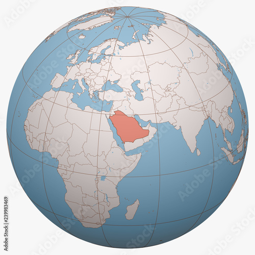 Saudi Arabia on the globe. Earth hemisphere centered at the location of the Kingdom of Saudi Arabia (KSA). Saudi Arabia map.