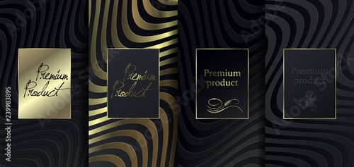 Luxury Premium design. Vector set packaging templates with different texture for luxury products. Collection of design elements with golden foil. 	
Black paper cut background