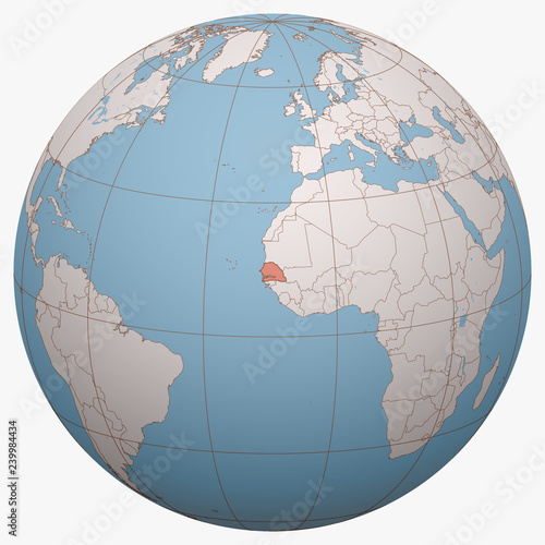 Senegal on the globe. Earth hemisphere centered at the location of the Republic of Senegal. Senegal map.
