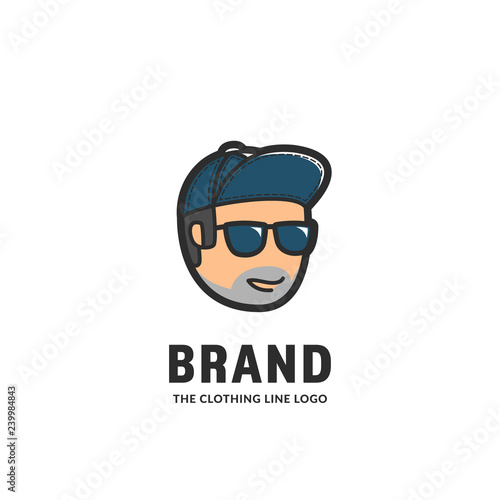 Cool young street boy clothing line brand logo with smiling boy wears blue snapback and shade glasses in cartoon style