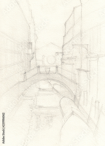 Venice city hand drawn, pencil sketch illustration