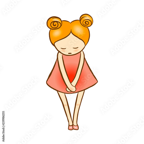 Vector illustration - girl suffering abdominal pain menstruation, gastritis, cystitis, stomach ache, diarrhea . Belly illness, women's health, kid's care. Hand drawn healthcare character design