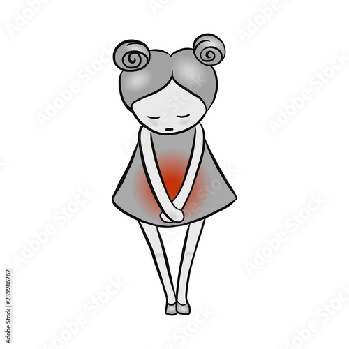 Vector illustration - girl suffering abdominal pain menstruation, gastritis, cystitis, stomach ache, diarrhea . Belly illness, women's health, kid's care. Hand drawn healthcare character design