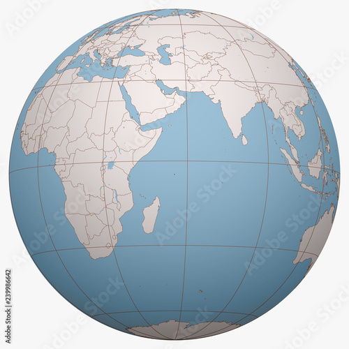 Seychelles on the globe. Earth hemisphere centered at the location of the Republic of Seychelles. Seychelles map.