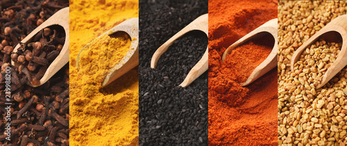 Fototapeta Naklejka Na Ścianę i Meble -  Collage of condiments with sorting spoons on market