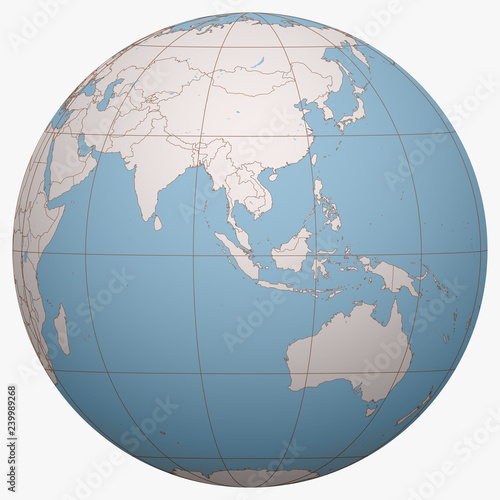 Singapore on the globe. Earth hemisphere centered at the location of the Republic of Singapore. Singapore map.