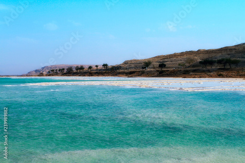 Crystal sal beach on Dead Sea coast, Israel. The Dead Sea surface and shores are 430.5 m below sea level.