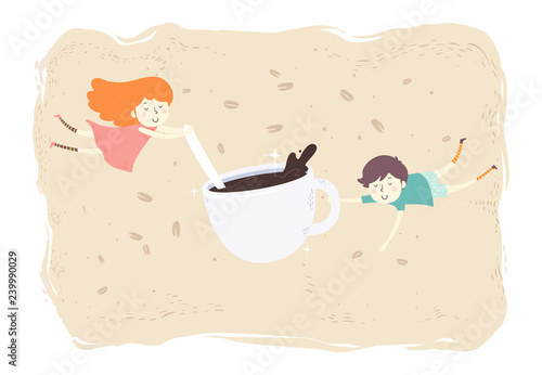 Man Girl Stir Coffee Illust...