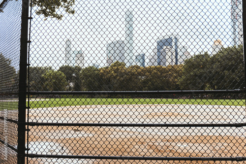 playground and buildings on background, new york, usa