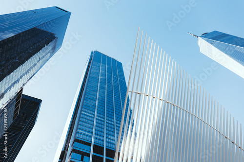 low angle view of skyscrapers and clear sky in new york city  usa