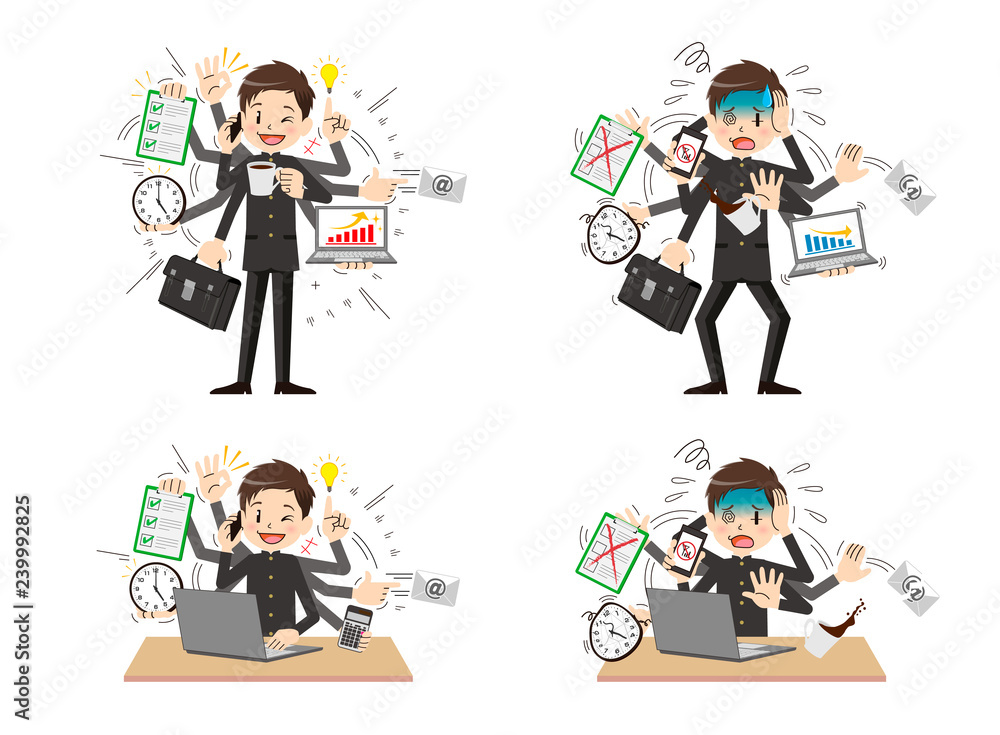 Obraz premium Schoolboy with multi tasking and multi skill