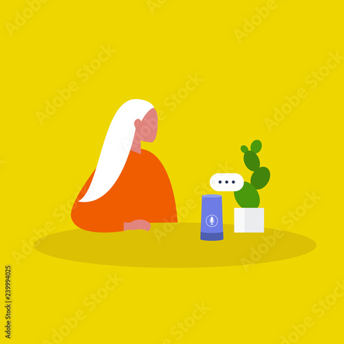Young millennial female character using a smart speaker. New technologies. Modern lifestyle. Trends. Flat editable vector illustration, clip art
