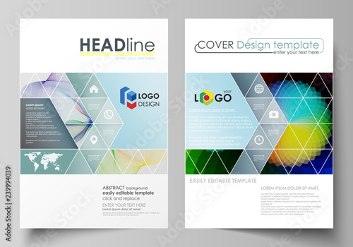 Business templates for brochure, flyer, booklet, report. Cover template, flat vector layout in A4 size. Colorful design, overlapping geometric shapes and waves forming abstract beautiful background.