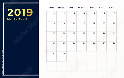 September 2019 schedule template. Week starts on sunday empty calendar month.