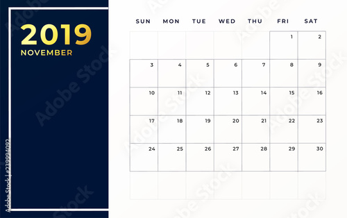November 2019 schedule template. Week starts on sunday empty calendar month.