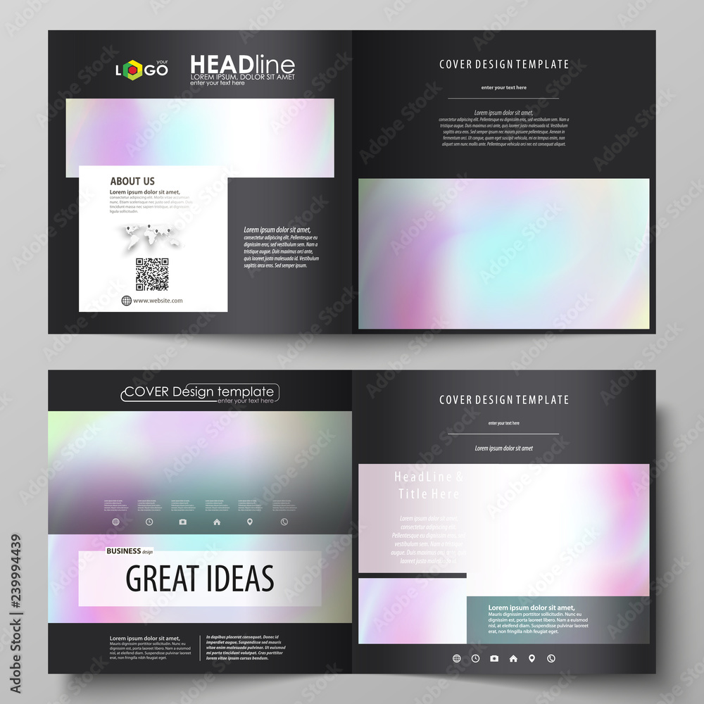 Business templates for square design bi fold brochure, flyer. Leaflet cover, vector layout. Hologram, background in pastel colors, holographic effect. Blurred colorful pattern, futuristic texture.